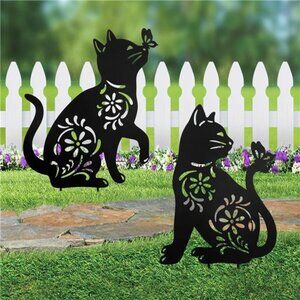 Cat Garden Decor, Metal Cat Decorative Garden Stakes Set of 2 Cat Yard Decor